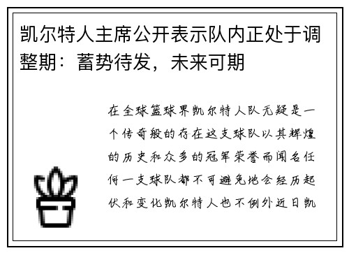 凯尔特人主席公开表示队内正处于调整期：蓄势待发，未来可期